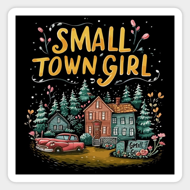 Small Town Girl, Retro Town Drawing Magnet by emmjott